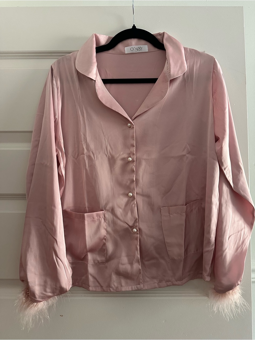 Pink Satin Button-Front Top with Feather Trim Cuffs